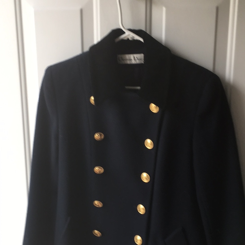Vintage Christian Dior navy blue double breasted short coat with velvet collar